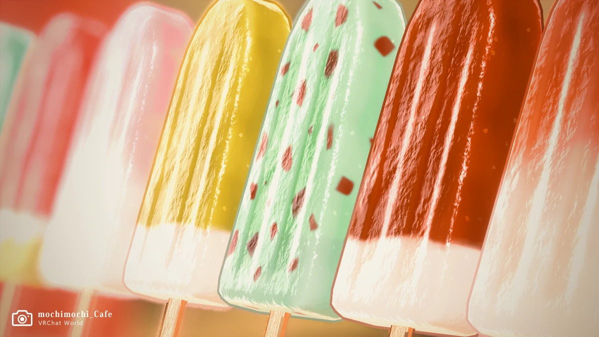 【motchimotchi_Cafe】店の前に配置されているアイスキャンディーの屋台。色とりどりで美味しそうです。