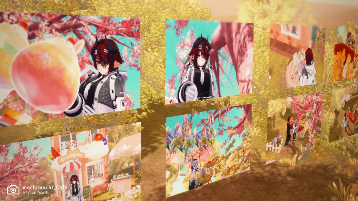 【motchimotchi_Cafe】スポーン地点付近にはこのワールドで自動撮影された写真が飾られてます。