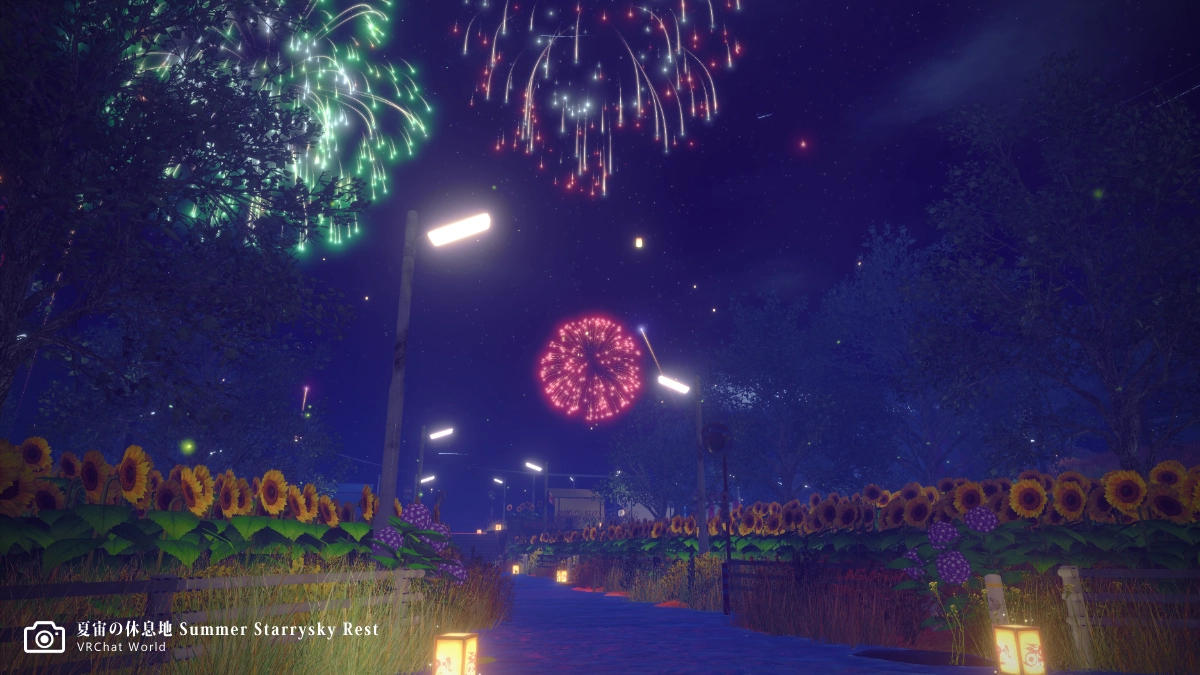 【夏宙の休息地】ひまわり畑がとても素敵です。道は軽く水没しており、現実世界なら大問題ですが仮想世界なので問題なし。