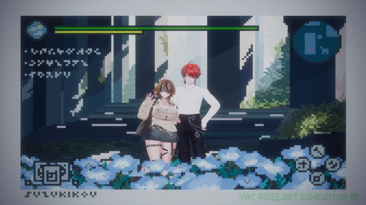 【VRC PIXELART EXHIBITION 2․0】私たちも1枚撮影してみました。様々な組み合わせをしてピクセルアートを楽しみましょう。